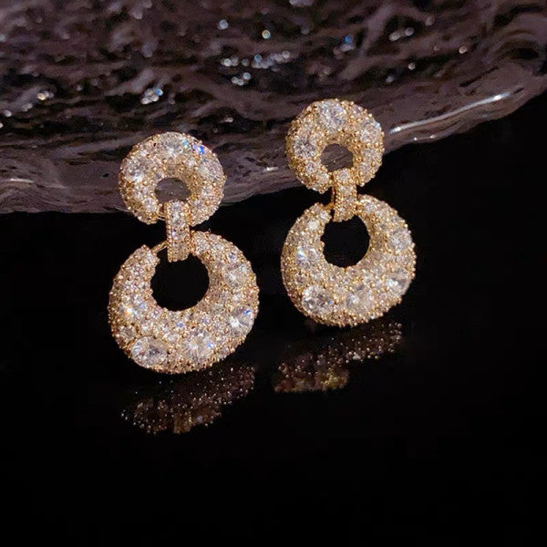 Bông Tai Tòn Teng Tròn Đôi Đính Đá Trắng Thời Trang