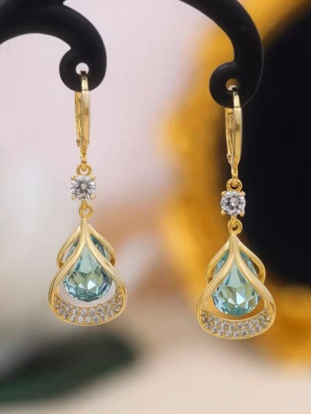 Bông Tai Khoen Tòn Teng Giọt Nước Đá Xanh Lấp Lánh Viền Đá Trắng