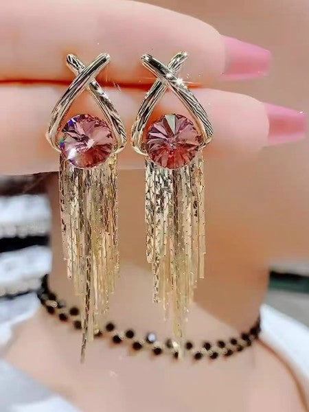 Bông Tai Tòn Teng X Đá Tím Phối Tua Rua Vàng