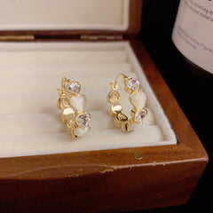 Bông Tai Khoen Tròn Hoa Văn Trái Tim Phối Đá Mắt Mèo Đan Xen Nữ Tính