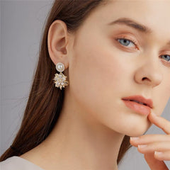 Bông Tai Tòn Teng Hoa Tuyết Đá Trắng Cách Điệu Phối Hạt Trai