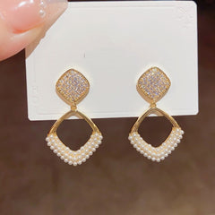 Bông Tai Tòn Teng Hình Thoi Đôi Đính Đá Phối Hạt Trai Nhỏ