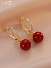 Bông Tai Tòn Teng Khoen Tròn Đính Đá Phối 1 Hạt Trai Cao Cấp