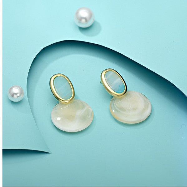 Bông Tai Tòn Teng Elip Xanh Phối Hình Tròn Trắng Cá Tính