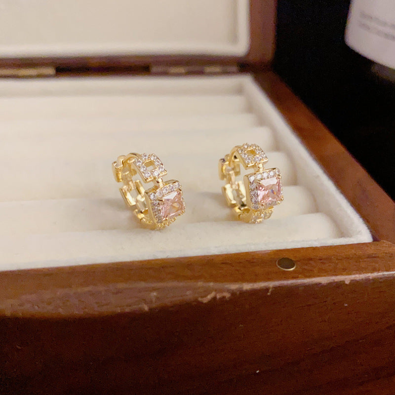 Bông Tai Khoen Tròn Phối Đá Chữ Nhật Hồng Nhỏ Xinh