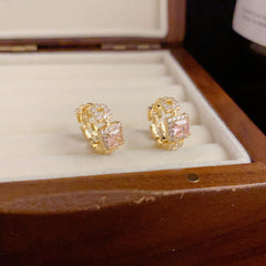 Bông Tai Khoen Tròn Phối Đá Chữ Nhật Hồng Nhỏ Xinh