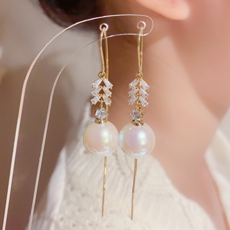 Bông Tai Tòn Teng 1 Hạt Trai Đính Đá Trắng Dáng Dài