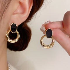 BÔNG TAI TÒN TENG OVAL ĐEN PHỐI TRÒN VÀNG HỢP KIM CÁ TÍNH