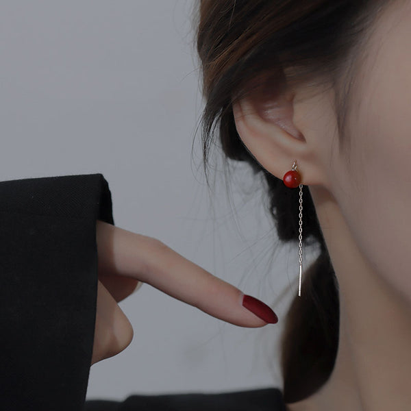 BÔNG TAI TÒN TENG 1 HẠT TRAI ĐỎ PHỐI DÂY DÁNG RƠI