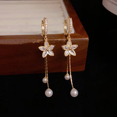 Bông Tai Khoen Tòn Teng Hoa Đá 5 Cánh Phối 2 Sợi Dáng Dài