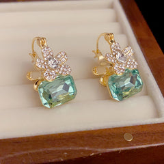 Bông Tai Khoen Đá Chữ Nhật Xanh Phối Hoa Đá 5 Cánh Trắng