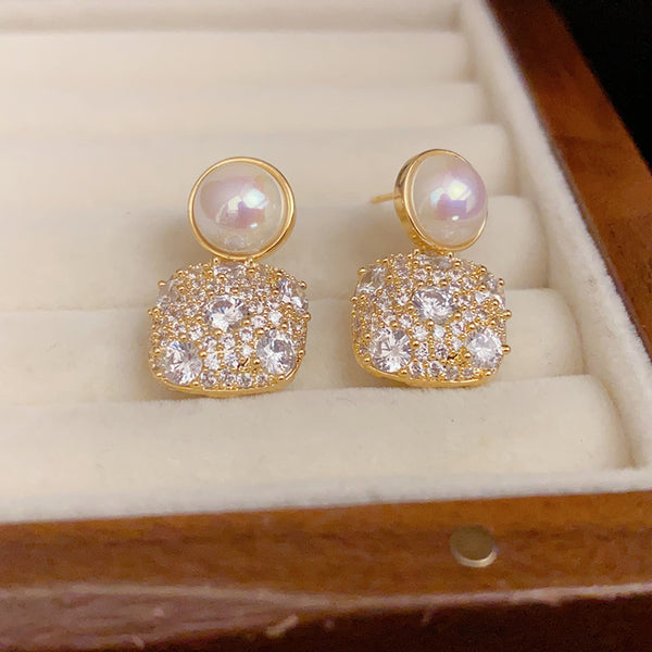 BÔNG TAI TÒN TENG VUÔNG ĐÍNH ĐÁ TRẮNG PHỐI HẠT SR169 THỜI TRANG