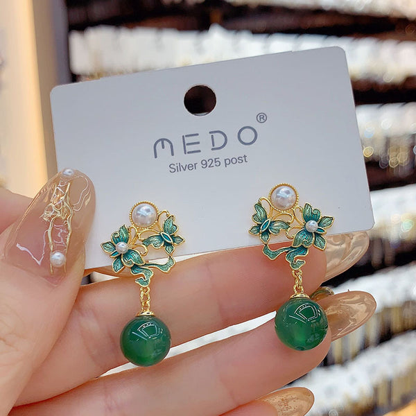 BÔNG TAI TÒN TENG HỒ ĐIỆP ĐÔI PHỐI ĐÁ MẮT MÈO XANH LÁ ĐỘC ĐÁO