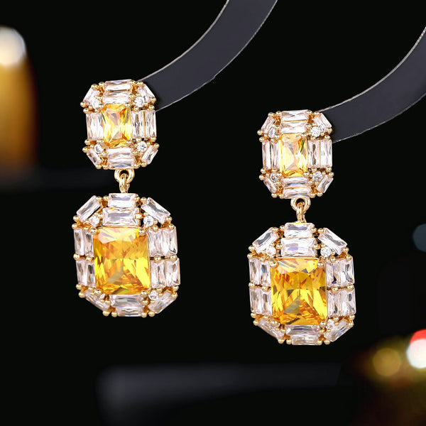 BÔNG TAI TÒN TENG CHỮ NHẬT GOLD ĐÔI PHỐI VIỀN ĐÁ TRẮNG CAO CẤP