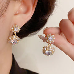 Bông Tai Tòn Teng Hoa Hạt Trai Nhuỵ Đá Đôi Nữ Tính