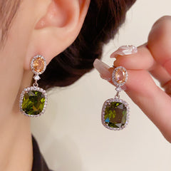 BÔNG TAI TÒN TENG OVAL CAM PHỐI VUÔNG XANH LỤC VIỀN ĐÁ TRẮNG SANG TRỌNG