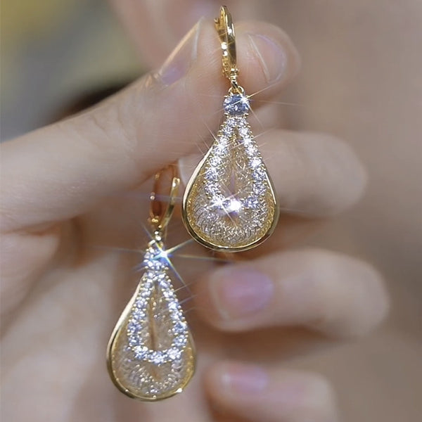 BÔNG TAI KHOEN TÒN TENG DÁNG GIỌT NƯỚC ĐÔI PHỐI LƯỚI ĐÁ TRẮNG