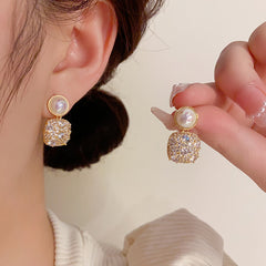 BÔNG TAI TÒN TENG VUÔNG ĐÍNH ĐÁ TRẮNG PHỐI HẠT SR169 THỜI TRANG