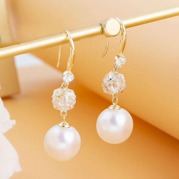 BÔNG TAI TÒN TENG ĐÁ LẬP PHƯƠNG PHỐI 1 HẠT TRAI DẠNG MÓC