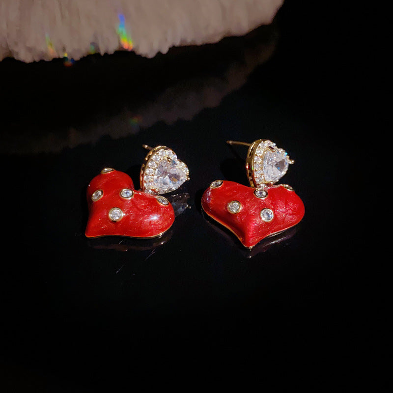 BÔNG TAI TÒN TENG TRÁI TIM ĐÍNH ĐÁ TRẮNG PHỐI TIM ĐỎ NỔI BẬT