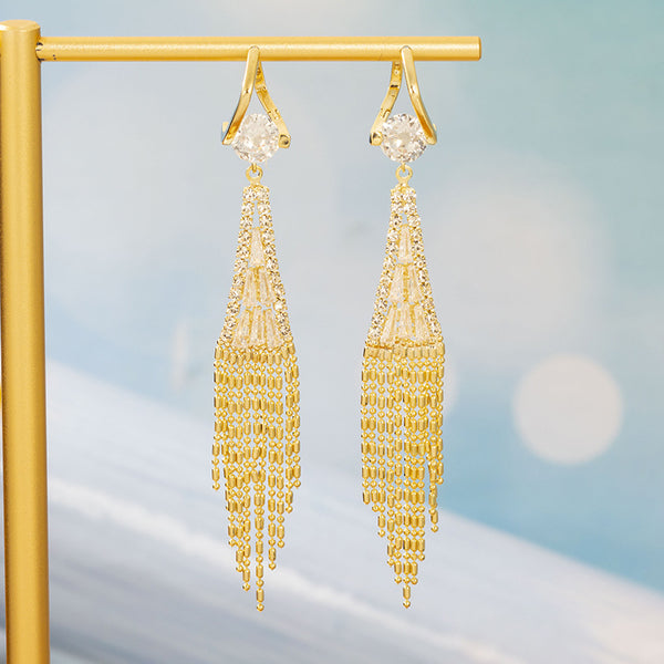 Bông Tai Khoen Tòn Teng 1 Hạt Tua Rua Đính Đá TRắng Dáng Dài