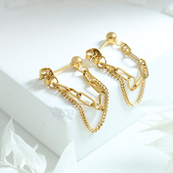 Bông Tai Tòn Teng Hình Học Vòng 2 Dây Trước Sau Lạ Mắt