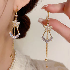 Bông Tai Tòn Teng Hoa 5 Cánh Phối Đá Mắt Mèo Giọt Nước 2 Sợi Dạng Móc