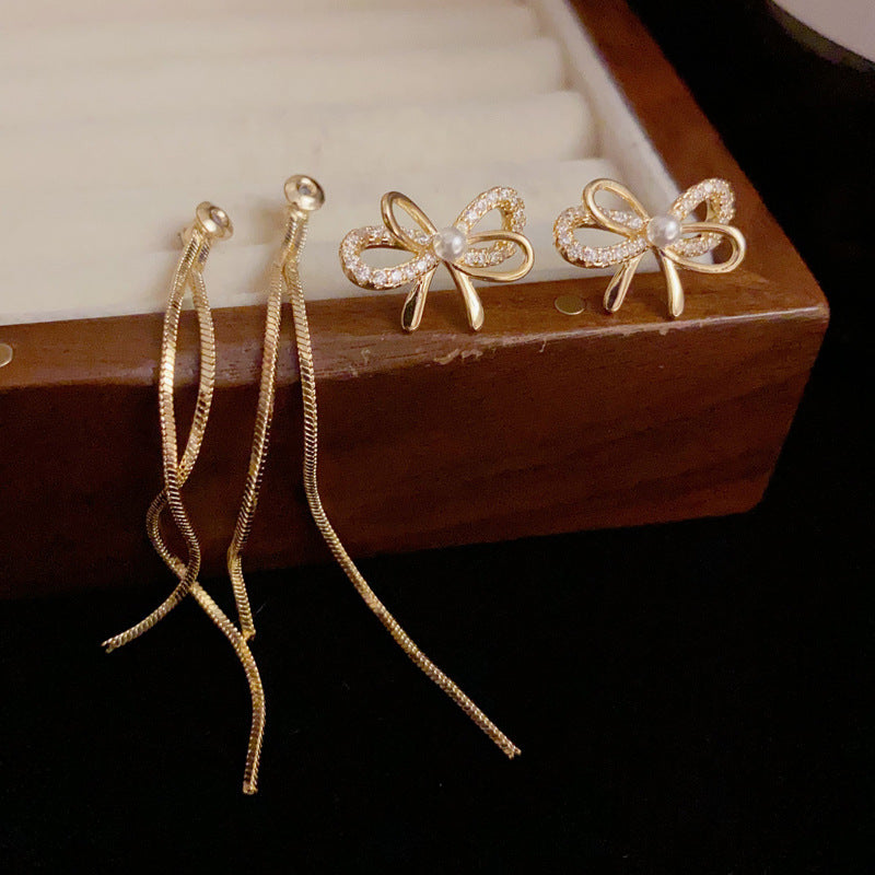 Bông Tai Tòn Teng Nơ Đính Đá Phối Hạt Trai Dáng Dài 2 Kiểu