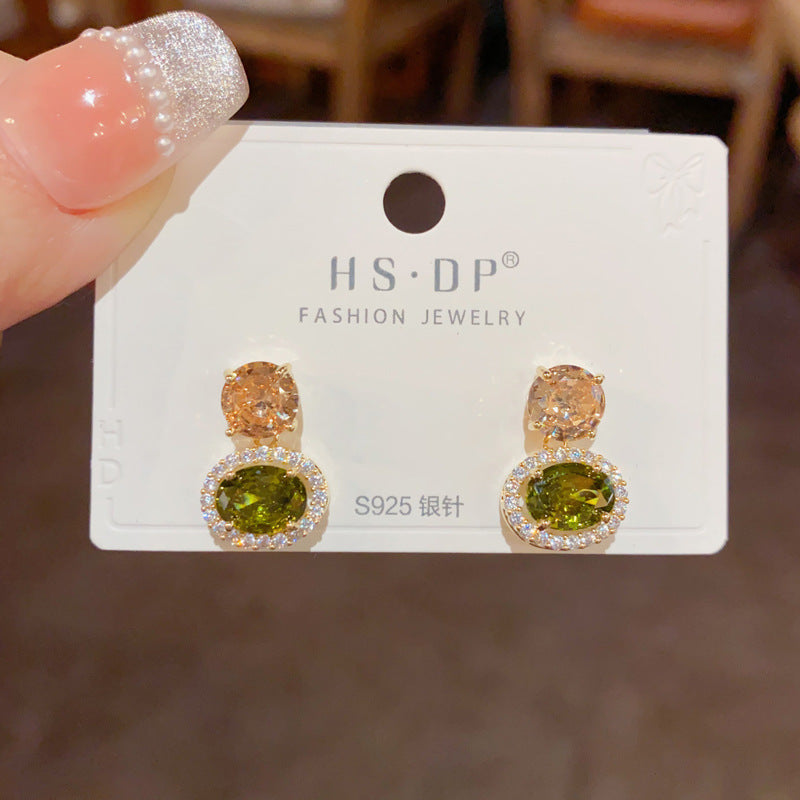 BÔNG TAI TÒN TENG TRÒN CAM PHỐI OVAL XANH LỤC VIỀN ĐÁ TRẮNG XINH XẮN