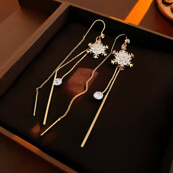 Bông Tai Tòn Teng Hoa Tuyết Đính Đá Trắng Dáng Dài