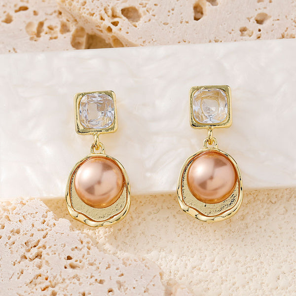 BÔNG TAI TÒN TENG ĐÁ VUÔNG TRẮNG PHỐI HẠT NÂU VIỀN VÀNG