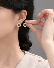 BÔNG TAI HÌNH HOA XOAY ĐÁ XANH LỤC VIỀN ĐÁ TRẮNG SÁT TAI