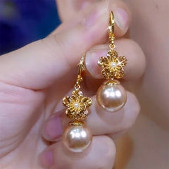 BÔNG TAI KHOEN TÒN TENG HOA ĐÁ NÂU TRÀ PHỐI HẠT TRAI NÂU SANG TRỌNG