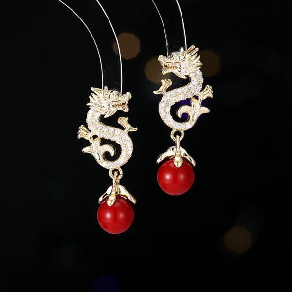 Bông Tai Tòn Teng Hoạ Tiết Dragon PHối Hạt Trai Nổi Bật