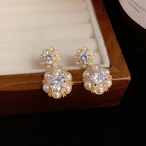 Bông Tai Tòn Teng Hoa Hạt Trai Nhuỵ Đá Đôi Nữ Tính