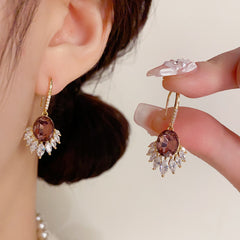 BÔNG TAI TÒN TENG DÁNG BOHO ĐÁ OVAL TÍM PHỐI ĐÁ TRẮNG DẠNG MÓC