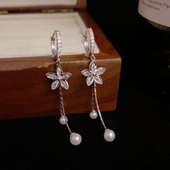 Bông Tai Khoen Tòn Teng Hoa Đá 5 Cánh Phối 2 Sợi Dáng Dài