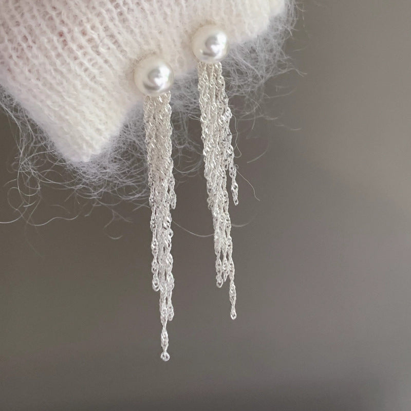 Bông Tai Tòn Teng 1 Hạt Trai Phối Tua Rua Bạc Dáng Dài 2 Kiểu