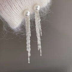 Bông Tai Tòn Teng 1 Hạt Trai Phối Tua Rua Bạc Dáng Dài 2 Kiểu