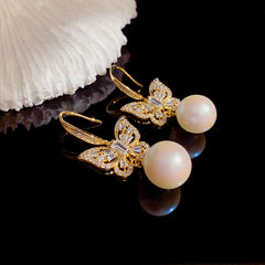 BÔNG TAI TÒN TENG BƯỚM ĐÍNH ĐÁ TRẮNG PHỐI HẠT TRAI SANG TRỌNG DẠNG MÓC