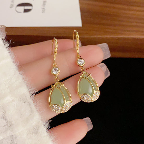 BÔNG TAI LỤC LIÊN HOA ĐÁ MẮT MÈO DẠNG MÓC