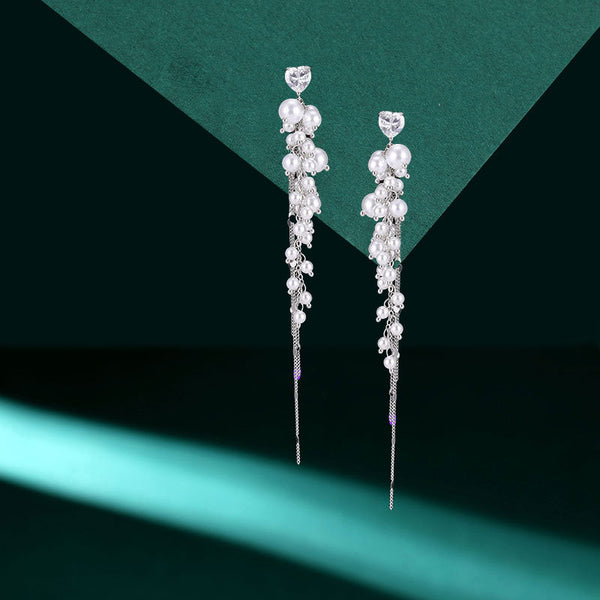 BÔNG TAI TÒN TENG TRÁI TIM ĐÁ PHỐI CHÙM TUA RUA HẠT TRAI DÁNG RƠI