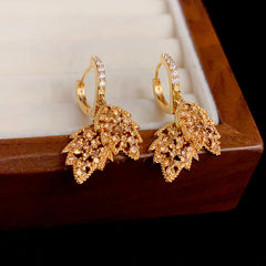 Bông Tai Khoen Lá Đôi Phối Đá Nâu Trà Thời Trang