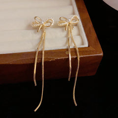 Bông Tai Tòn Teng Nơ Đính Đá Phối Hạt Trai Dáng Dài 2 Kiểu