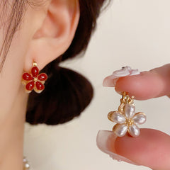 BÔNG TAI KHOEN HOA 5 CÁNH NGỌC TRAI 2 MẶT TRẮNG ĐỎ NỮ TÍNH