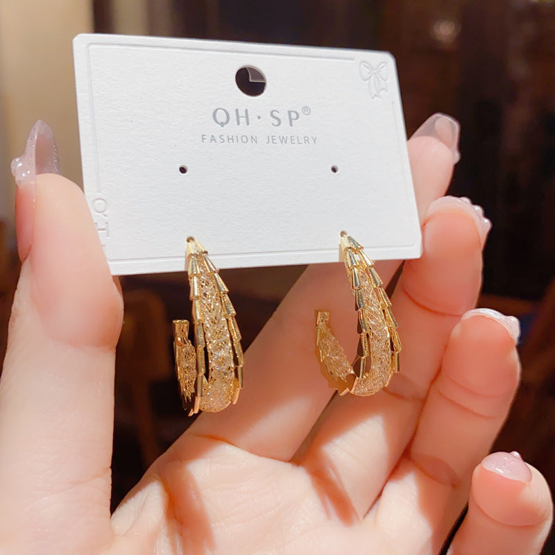 Bông Tai Khoen Khuyết Dáng Giọt Nước Phối Lưới Đính Đá Cá Tính