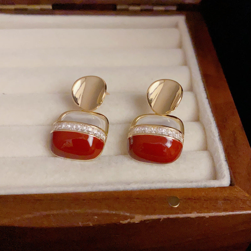 BÔNG TAI TÒN TENG BẢN TRÒN HÌNH VUÔNG GIFT ĐÍNH ĐÁ PHỐI ĐỎ NỔI BẬT