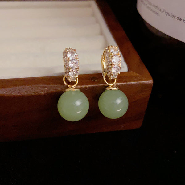 Bông Tai Khoen Đính Đá Trắng Phối 1 Hạt Đá Mắt Mèo Xanh Lá 2 Kiểu