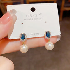 Bông Tai Tòn Teng Đá Oval 2 Màu Phối Hạt Trai Nữ Tính