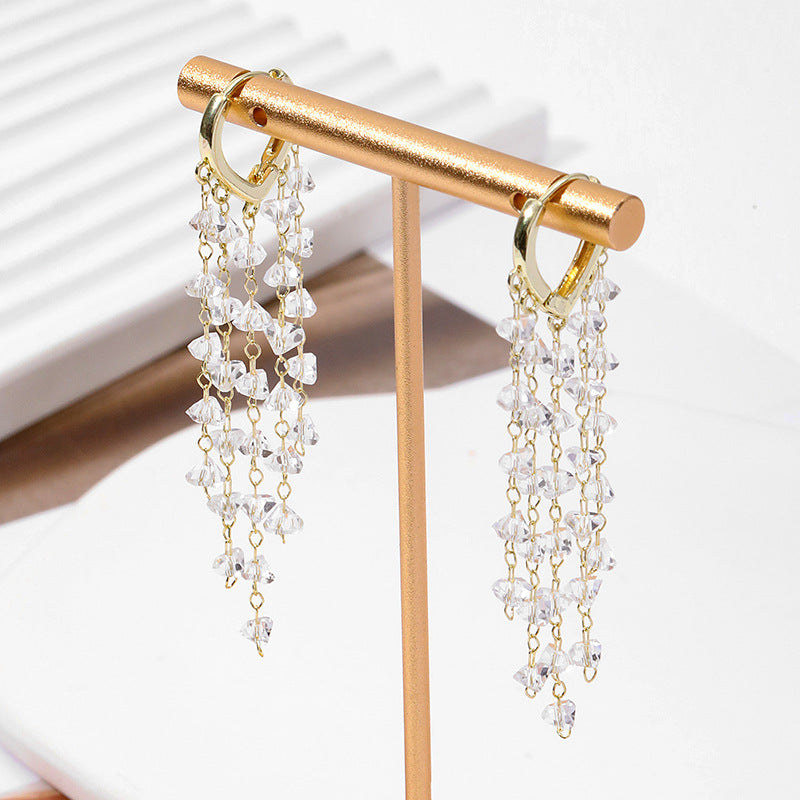 Bông Tai Khoen Tòn Teng Tua Rua Đá Pha Lê Trắng Dáng Rơi